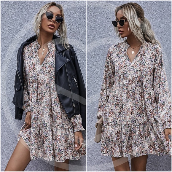 Boho floral print long sleeve v neck ruffle dress - Picture 7 of 9